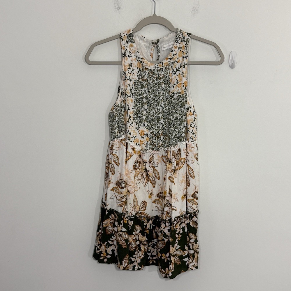 Coco Jaimeson Womens Dress Medium Green Floral Boho Festival Gauzy Tiered